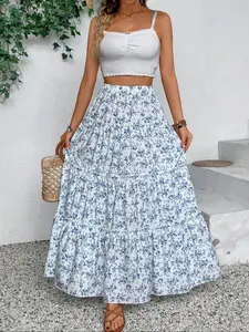 Women's Floral Print Elastic Waist Midi Dress, Skirt, Date Party Fashion City Style, Boho, Elegant Commuter Wear, Medium Length, Spring & Fall