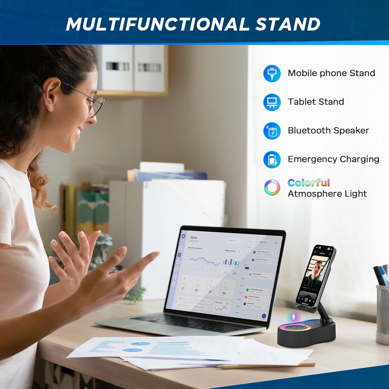 Wireless Charger Bluetooth Speaker, 5-in-1 Foldable Magnetic Phone Holder Stand with 4000mAh Power Bank & Adjustable Ambient Light – Hands-Free Speaker for iPhone Samsung Android Tablet, Car Desk Travel Essential, Gift for Men Women Wireless Charger Bluetooth Speaker, 5-in-1 Foldable Magnetic Phone Holder Stand with 4000mAh Power Bank & Adjustable Ambient Light – Hands-Free Speaker for iPhone Samsung Android Tablet, Car Desk Travel Essential, Gift for Men Women