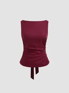 Linen-blend Boat Neckline Solid Bowknot Tank Top