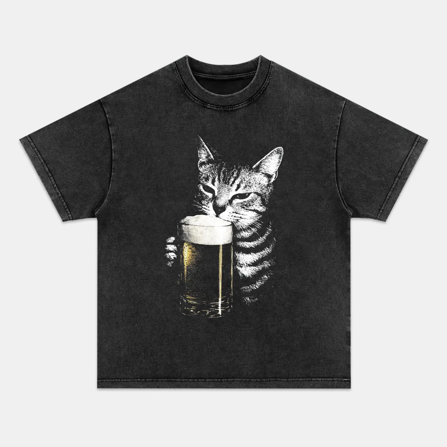 Unisex Cat Drinking Graphic T-shirt - Ribbed Round Neck, Casual Fit, Fitted, Garment-Dyed Vintage Look, Breathable Cotton, Short Sleeve Streetwear Top for Men & Women 041104