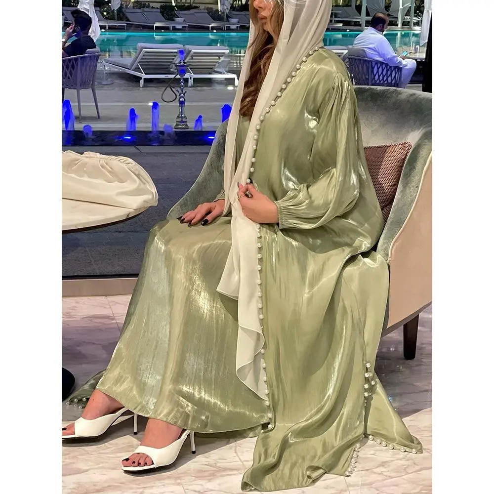 Women's 2-Piece Muslim Abaya Set - Polyester Elegant All-Seasons Party Kaftan with Hijab, Long Loose Machine-Washable Islamic Wear for Arab Dubai Use, 2 Piece Set