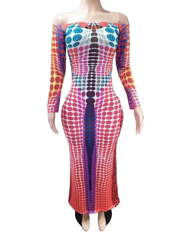 Off-shoulder Printed bodycon Dress Casual Comfort Womenswear Lady Casual Long Sleeve Maxi DRESS