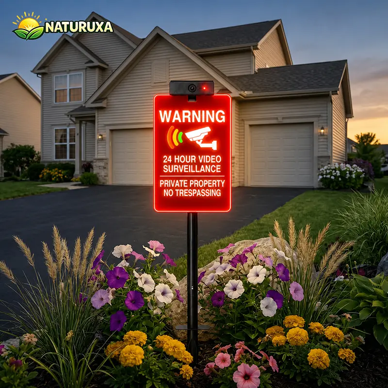 Naturuxa Solar Outdoor Light Garden Warning Sign with Fake Camera, IP65 Rated, Waterproof Rustic Decor, Ground/Wall-Mounted Intruder-Deterrent for Ranches, Vacation Homes
