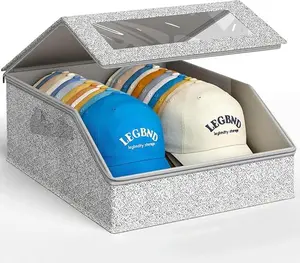 Hat Storage for Baseball Caps, Holds Up to 24 Caps, Clear Hat Organizer for Closet, Stackable, Foldable, Dustproof Baseball Cap Organizer with 2 Handles for Home Storage, Grey
