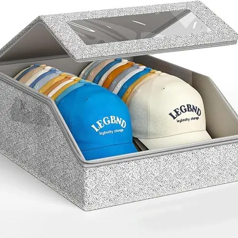 Hat Storage for Baseball Caps, Holds Up to 24 Caps, ClearHat Organizer for Closet, Stackable, Foldable, DustproofBaseball Cap Organizer with 2 Handles for Home Storage, Grey