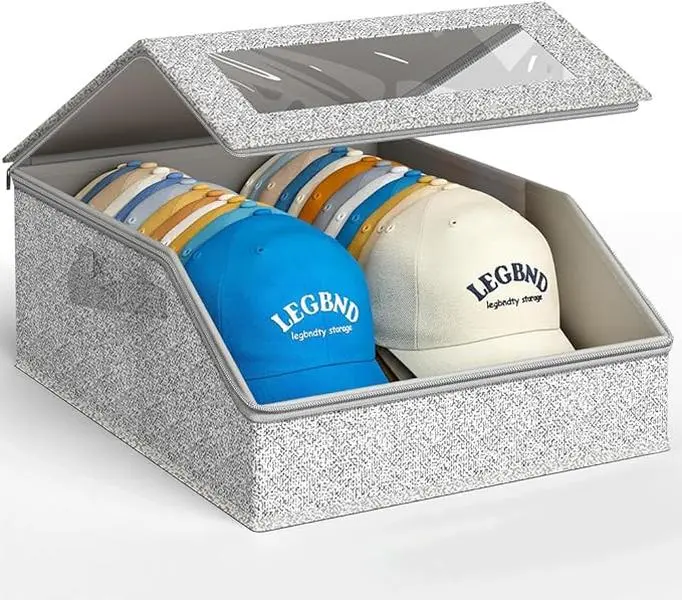 Hat Storage for Baseball Caps, Holds Up to 24 Caps, Clear Hat Organizer for Closet, Stackable, Foldable, Dustproof Baseball Cap Organizer with 2 Handles for Home Storage, Grey