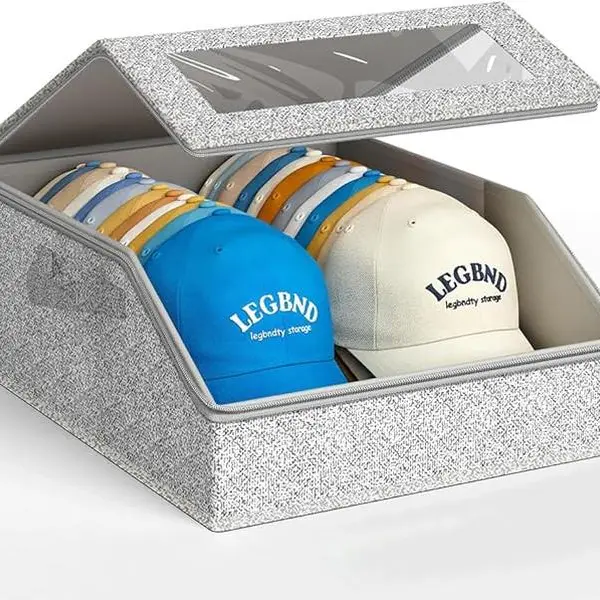 Hat Storage for Baseball Caps, Holds Up to 24 Caps, ClearHat Organizer for Closet, Stackable, Foldable, DustproofBaseball Cap Organizer with 2 Handles for Home Storage, Grey