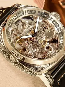 Men's Retro Skeleton Mechanical Watch | Retro Engraved Case | Leather Strap | Automatic Winding | Luxury Dress Watch | Roman Numeral Dial | Water Resistant | Gift for Him