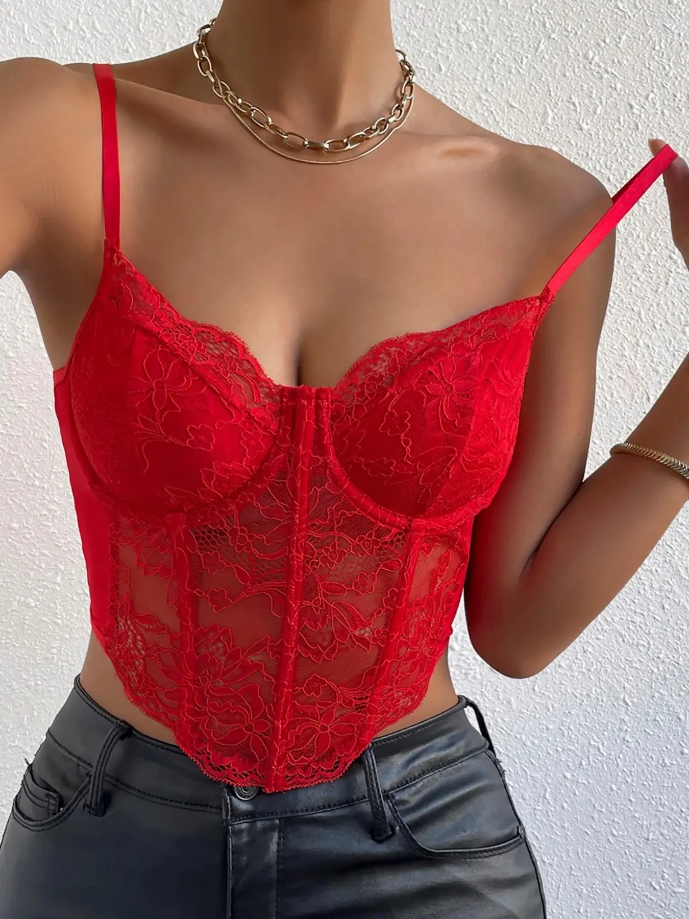 Women Sexy Red Lace Corset Top Y2K Coquette Floral Sheer Bustier Crop Top Spaghetti Strap Cami Baddie Aesthetic Vibe Going Out Club Party Date Night Trendy Slim Fit Lightweight Asymmetrical Hem Bodycon Tank Top Crop Camisole Womenswear Piece