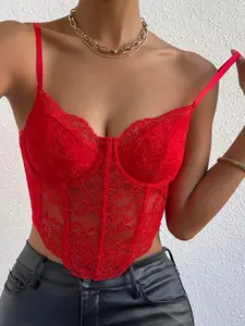 Women Sexy Red Lace Corset Top Y2K Coquette Floral Sheer Bustier Crop Top Spaghetti Strap Cami Baddie Aesthetic Going Out Club Party Date Night Trendy Slim Fit Asymmetrical Hem Tank Top