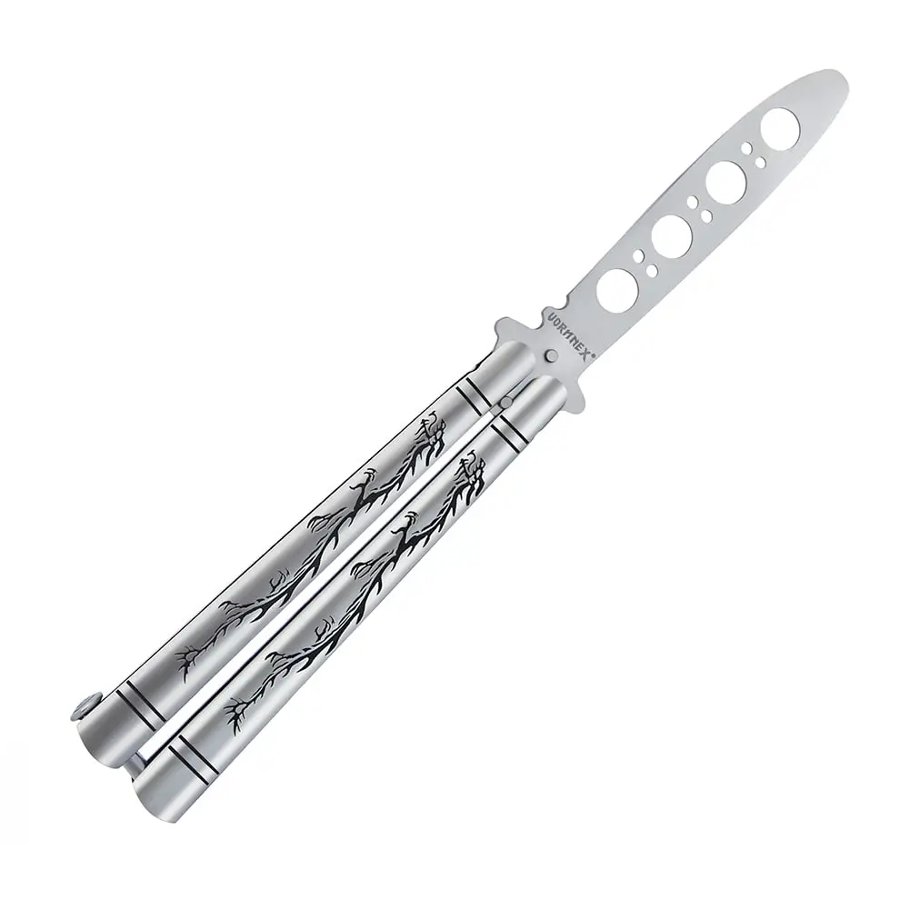 SAGAETR Practice Butterfly Trainer With Sure Spring Latch  Full Stainless Steel Black Dull Balisong Unsharpened Comb For Csgo Training(silver)