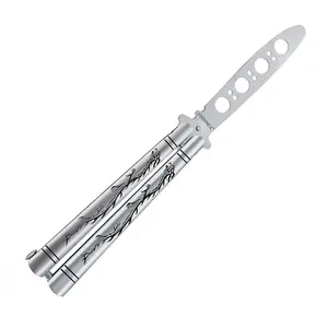 SAGAETR Practice Butterfly Trainer With Sure Spring Latch  Full Stainless Steel Black Dull Balisong Unsharpened Comb For Csgo Training(silver)