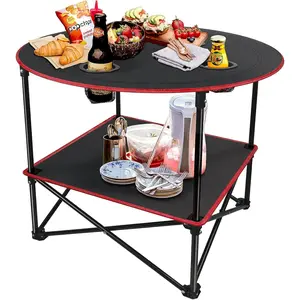 Portable Camping Table, Sand Foldable One Outdoor round Picnic Table with 4 Beach Table Cup Holder and Carry Bag, Outdoor, Fishing, Hiking, Trailing Lightweight Waterproof Canvas Table popup camper woodstove