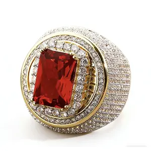 European and American Men's Full Zircon Ruby Ring Exaggerated Personality Retro Inlaid Copper Zircon Ring High-end Gift