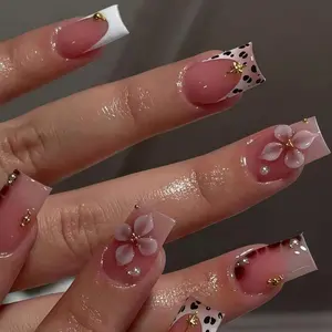Wedding nails ,3D Flower Handmade Press on nails ,Squoval Press On Nails, 3D Gel flower, ombre pink color , Squoval nails ,Dreamy flower