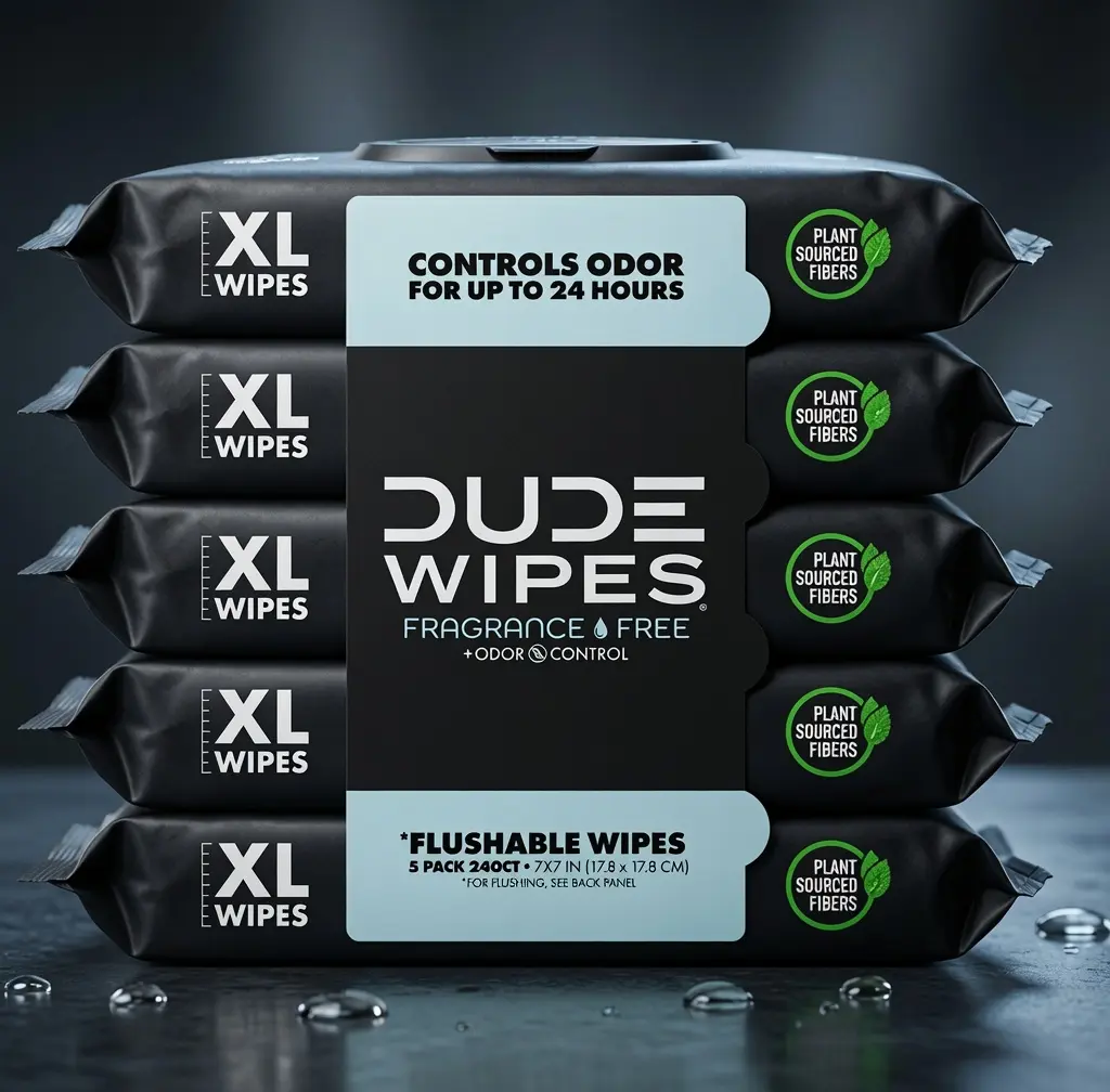 DUDE Wipes Fragrance Free Plus Odor Control XL Wet Wipes 48 Count 5 Pack Plant Sourced Fibers Eco Friendly Flushable Wipes, Toilet, Fits Throne Dispenser