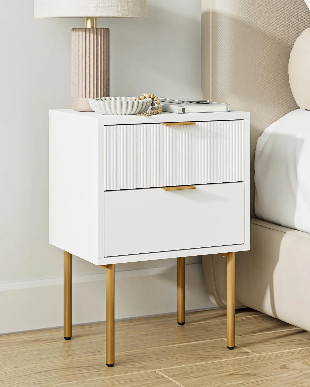 Nightstand,Small Bedside Table with Gold Frame,White Night Stand,Bedside Furniture,Side Table with 2Drawers for Bedroom,Living Room (2Drawers, White)