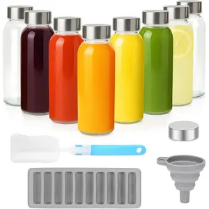 Glass Water Bottles with Lids 10.5 oz, 8 Pack Clear Reusable Glass Small Juice Bottles With Stainless Steel Cap for Juicing, Milk, Ginger Shot, BPA-Free Leak Proof 300ml Drinking Container Jar