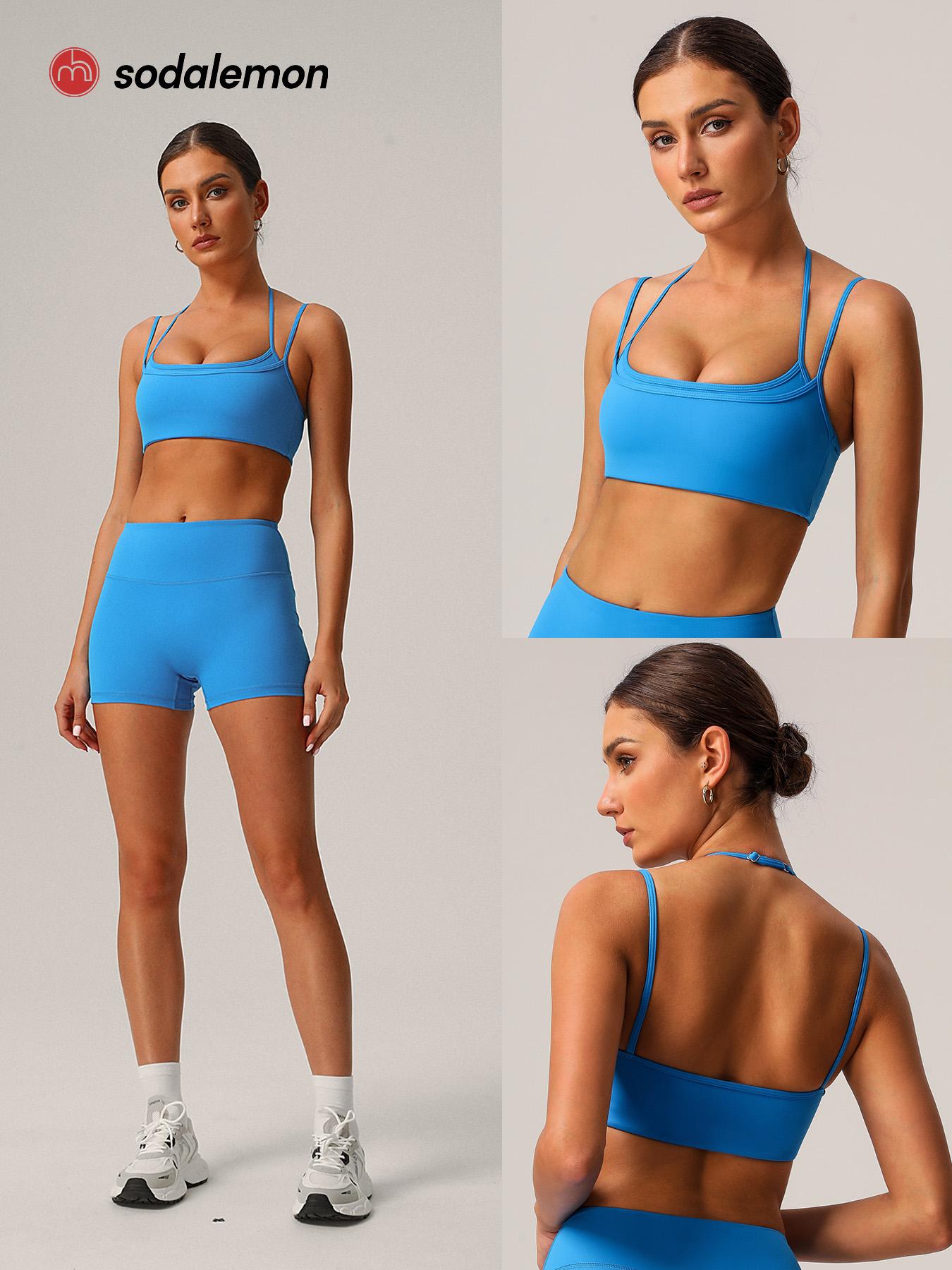 Sodalemon Women double layered-strap scoop-neck yoga sports bra, cropped open-back workout top, outdoor Pilates fitness sports bra