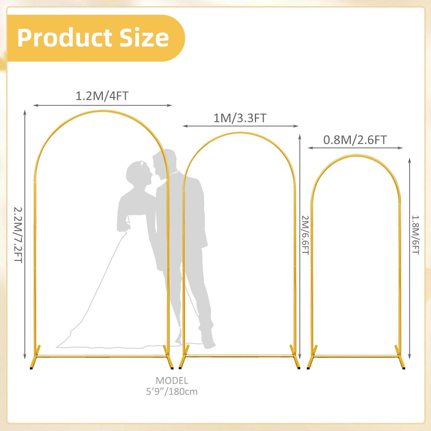Gold Metal Lightweight Golden Arch Backdrop Stand Set - Glueless Floral Flower & Balloon Frame Arbor, 7.2/6.6/6FT for Wedding Bridal Shower Decorations, Picture Backdrop Photoshoots, Three