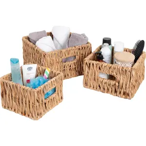Set of 3 Square Wicker Baskets With Built in Handles, Multipurpose Storage Bins,