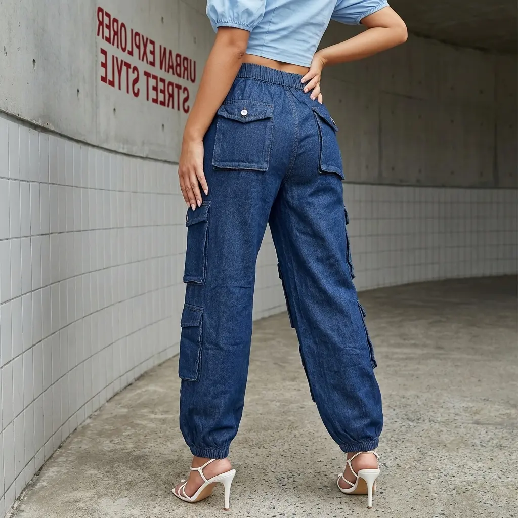 Women's Plus-Size Cargo Pants, Modest Vintage Wash High-Stretch Cotton Blend, Tapered Cropped Trousers with Zipper Fly and Pockets, Bottom, Polyester, Machine Wash Pants, Wide-Leg Pants