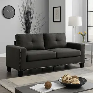 Attwell Gray Tuxedo-Style Button Tufted Sofa with Silver Nailhead Trim Transitional Linen Track Arms