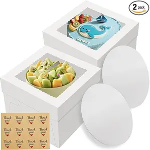 2 Pack Cake Boxes, 12x12x8 Inches Tall Cake Box with Cake Boards, White Bakery Boxes with Large Window, Disposable Cakes Transport Containers with Lids, for Cookies, Pies, Wedding, Birthday