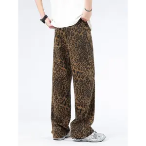 Men's Jeans Leopard Pattern Long Pants Street Retro Jeans High Street Loose Straight Cotton Jeans
