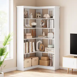 Corner Bookshelf 72.8in Farmhouse Bookcase Large Bookshelves Wood Bookcase Tall 5 Tier Corner Shelf L Shaped Bookshelf Storage Display Rack Living Room Bedroom