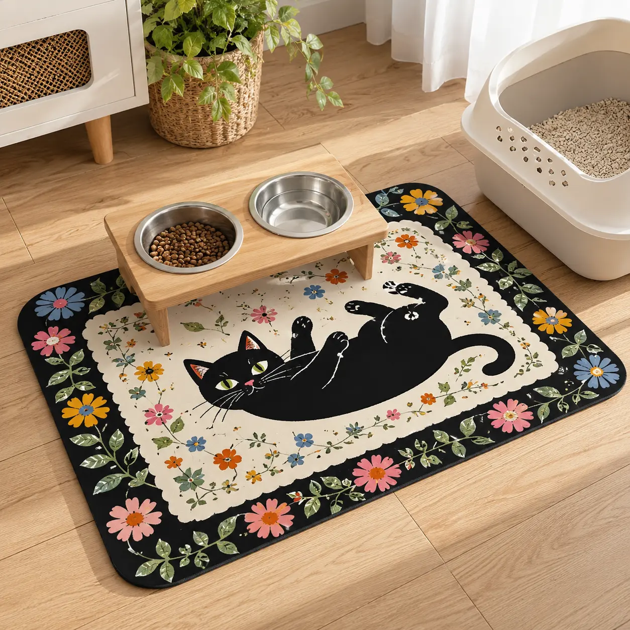 Bohemian Vintage Floral Cat Design Rubber Pet Feeding Mat, Absorbent anti-slip and quick-drying soft carpet, multi-sized and easy-to-clean waterproof bowl mat, suitable for dogs, cats and kittens, stain-resistant, perfect for home use, ideal gift for pet