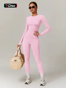 Women's Solid Long Sleeve Skinny Tee & High Waist Leggings Tracksuit Set, Workout Running Clothes, Sporty Breathable Quick Drying Outfits for Gym Workout Running, Ladies Outdoor Yoga Suit for All Seasons, Quick Dry Activewear