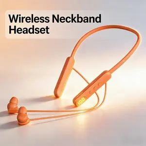 Orange Wireless Neckband Bluetooth Headphones, LED Digital Battery Display In-Ear Earbuds, Comfort Flexible Fit for Daily Use, Workout, Running, Gym & Clear Calls