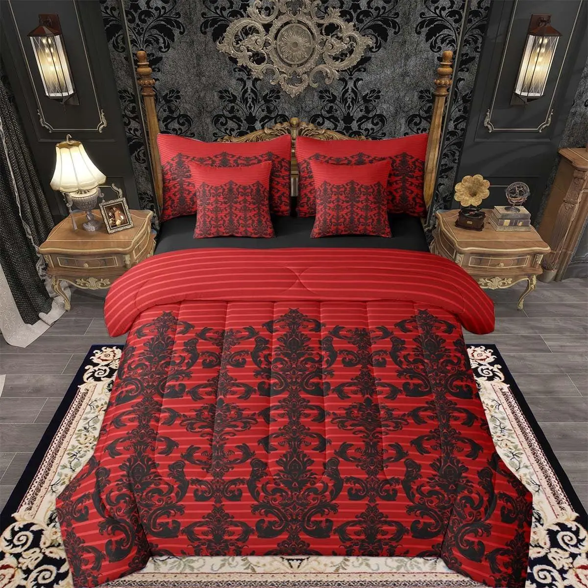Gothic Damask Comforter Set with Sheets 7 Piece Gothic Red Black Floral Damask Bed in a Bag Kids Boys Girls Antique Victorian Baroque Bedding Set Bedroom Decor Breathable Soft