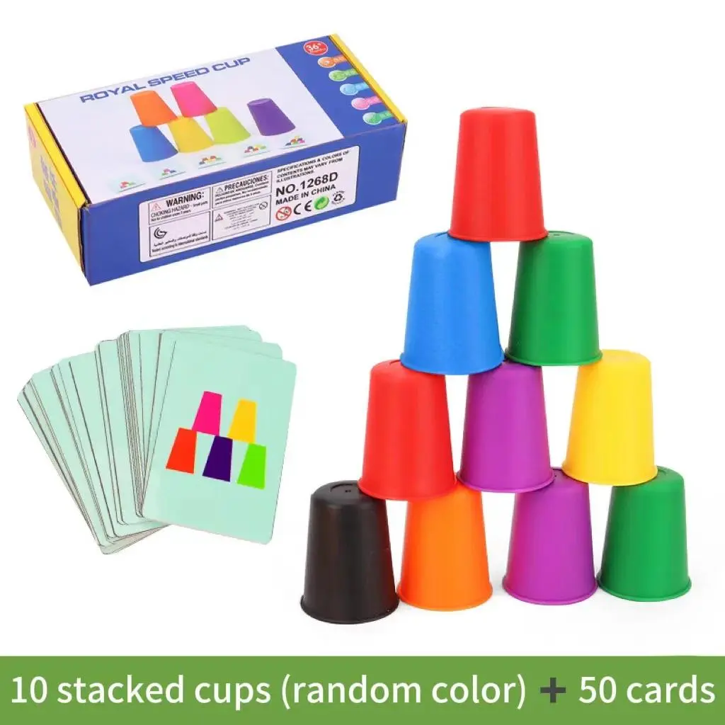 Montessori Plastic Mini Stack Cup Game with 10 Cups - Game System, Cards, Stress Relief Educational Toy for Kids >3 Years Old, Aiding Intellectual Enlightenment, Color Cognition, Logic Training, Play Anywhere