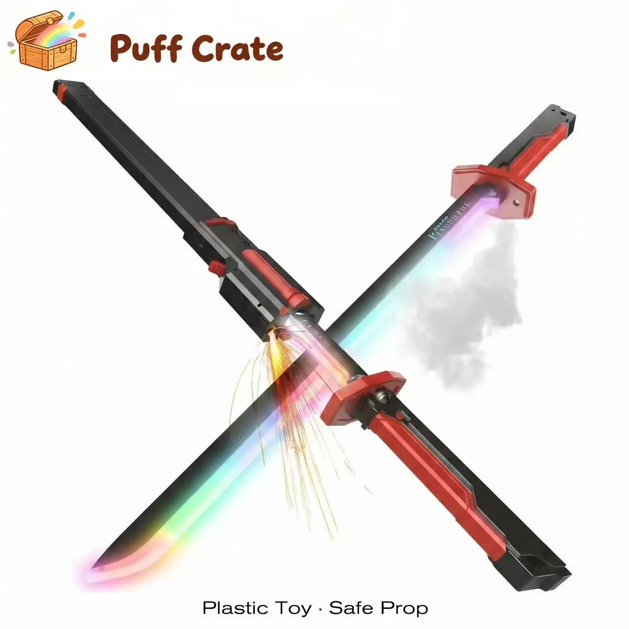 Puff Crate Spark Mist LED Light Up Sword - Rechargeable Colorshift Glow Fantasy Katana with Scabbard, Draw Spark & Water Fog Effects, Safe Plastic Role Play Prop for Teen Boys Halloween Gift