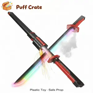 Puff Crate Spark Mist LED Toy Katana Sword with Scabbard, Rechargeable Color Changing Glow Battle Prop with Draw Spark & Water Fog Mist Effect, Safe Plastic Cosplay Toy for Teens Adults Halloween Role Play Gift