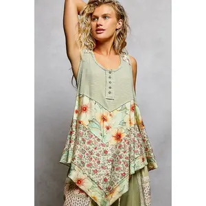 POL Round Neck Ribbed Tank with Woven Print Patch