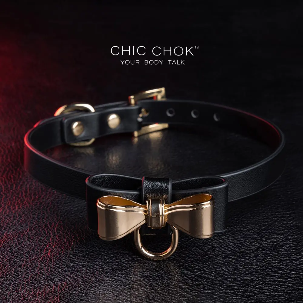 CHICCHOK Fashionable Bow Tie Metal Accent Choker Miss Noble (Black)- Choker choker Genuine Leather Adjustable