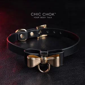 CHICCHOK Fashionable Bow Tie Metal Accent Choker Miss Noble (Black)- Choker choker Genuine Leather Adjustable