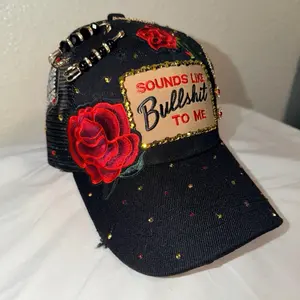 Sounds like BULLSH*T to me Trucker Hat with Rhinestone Detail & Rose Embellishments for Expressive Style