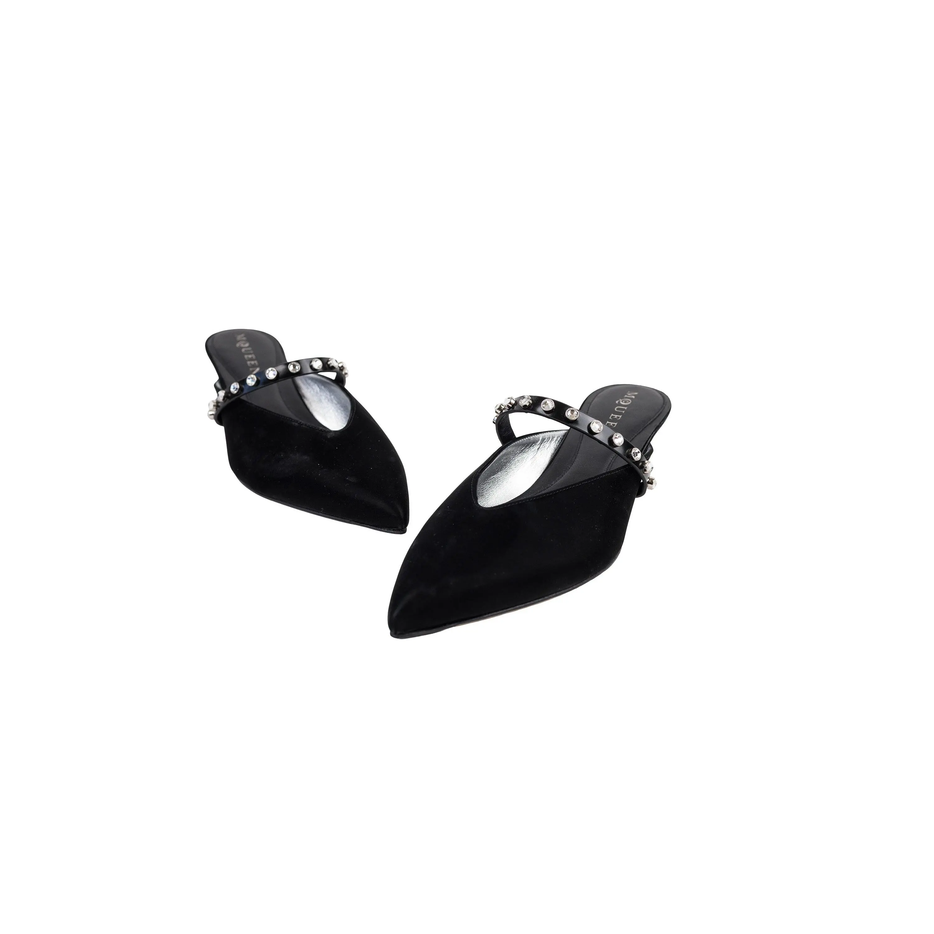 Alexander McQueen Black Satin Crystal Strap Pointed Toe Kitten Heel Mule Size 37.5