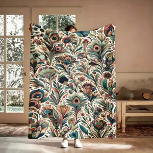 Bohemian Peacock Feather Floral Pattern Blanket, 1 Count Soft Warm Flannel Throw Blanket, Cozy Nap Blanket for Home Decor