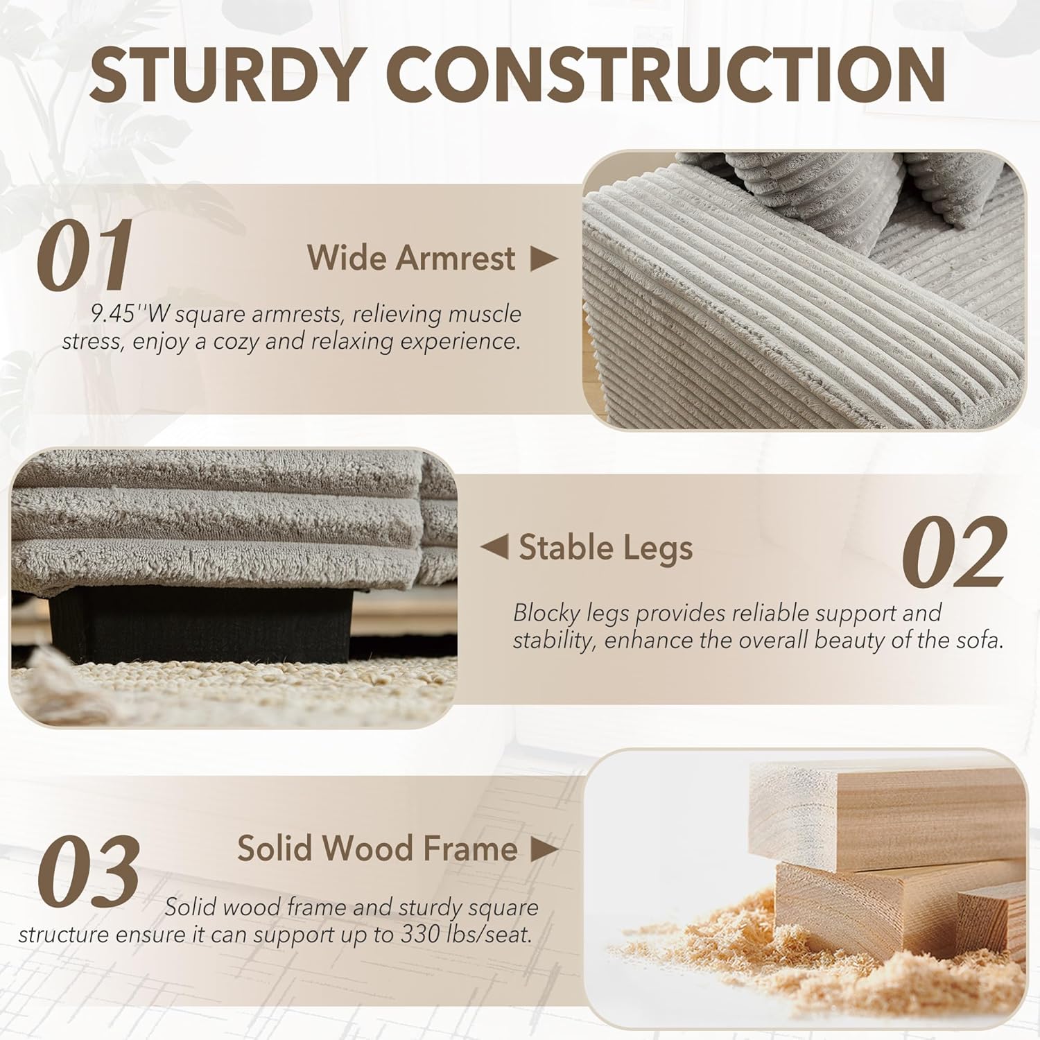 【3 Packages Shipping】 Niccae 111.63'' Oversized L-Shaped Corduroy Sofa (L/R Chaise + 8 Pillows + Adjustable Ottoman) – Easy Assembly, Cloud-Like Living Room Comfort