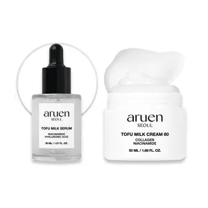 [Aruen Official] Serum+Cream Duo - 24hr Fermented Soy Milk with Collagen, Niacinamide & Hyaluronic Acid - Korean Firming & Hydrating Skincare Set for Radiant Skin