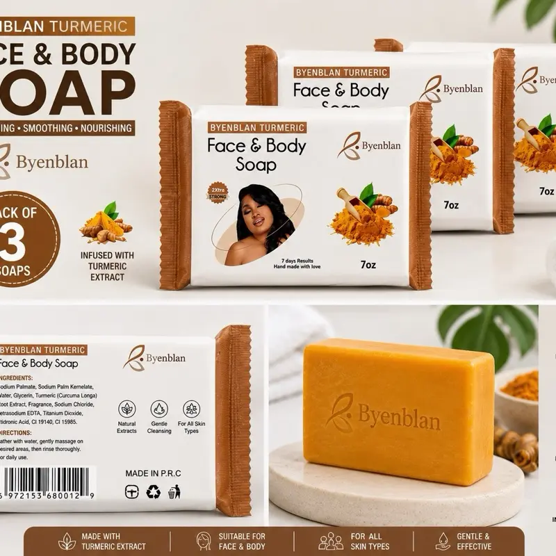 3-Pack Nontoxic Turmeric Cleanser Soap - All Body Care Product for Face & Body, Gentle Cleansing, Hydrating Smooth Skin, + Quick-Absorbing Strawberry Elasti-Cream Moisturizing Lotion