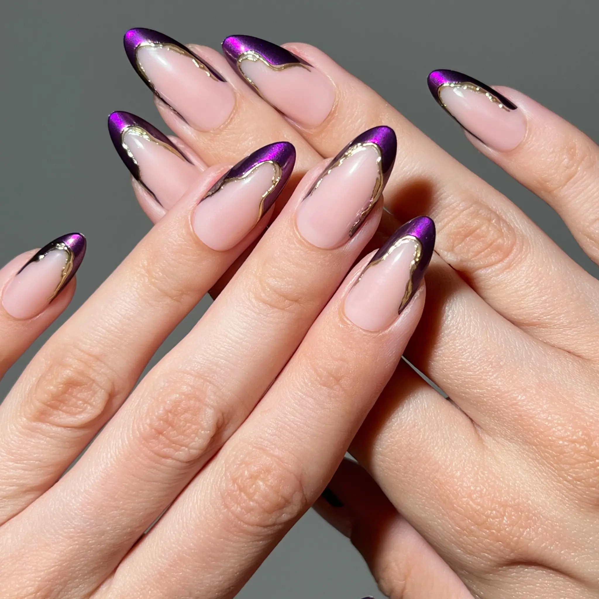 PaintLab Violet Veil Almond Shape Press-on Nails - Elegant Purple & Gold Design for Stylish Nail Art with French Tip & Royal Gradient Finish