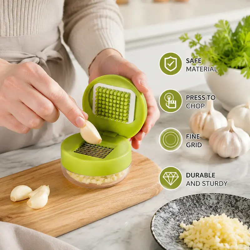Durable Stainless Steel Blade Garlic Press (1-Piece) - Detachable Parts, Fine Grid, Transparent Plastic Base, Easy Clean Cooking Tool for Home Cooks, Press to Chop Kitchen Gadget, Garlic Crusher