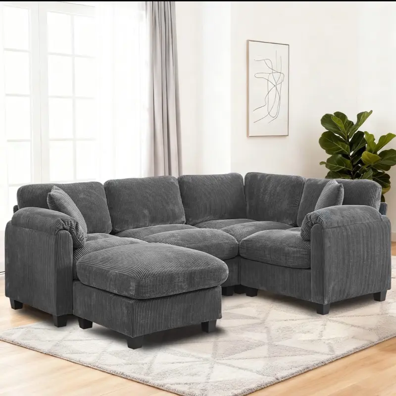 L Shaped Sectional Cloud Couch Corduroy Modular Sofa Set w/Chaise&Throw Pillows