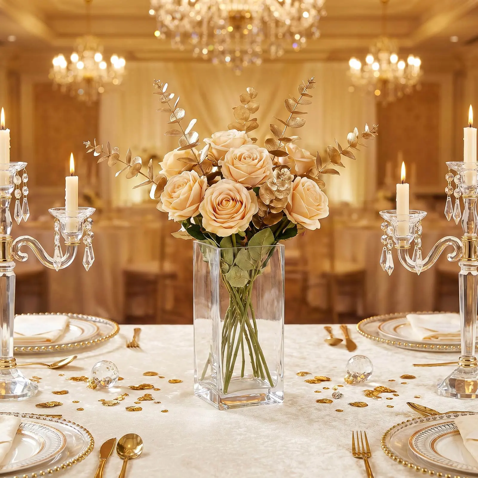 6 Pack Clear Square Glass Vases 8"x4" - Heavy Duty Flower Vase for Wedding Centerpieces & Floral Arrangements